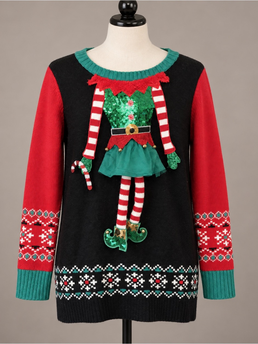 Ugly Christmas Sweater 3D Elf Sequin Bells Women’s Large